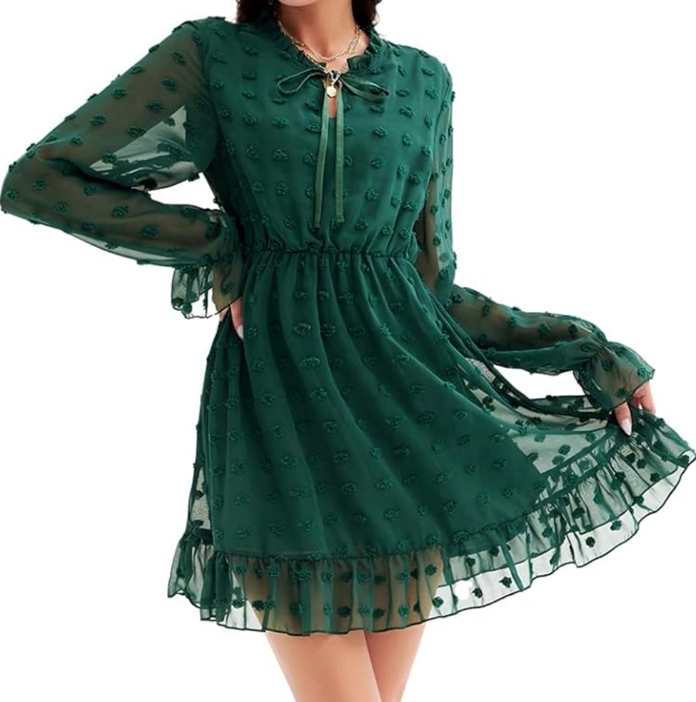 Green Ruffled Tie Front Long Sleeve Sundress